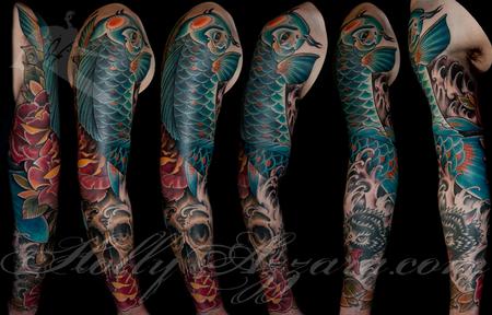 Traditional Koi Fish with skull and roses coverup sleeve Design Thumbnail